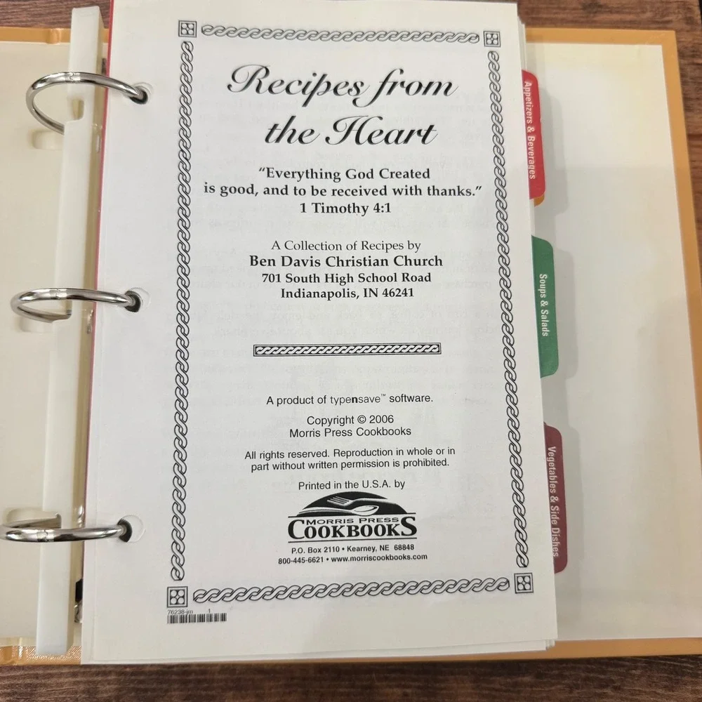 Recipes from the Heart Ben Davis Christian Church Cookbook 2006 Binder INDPLS.